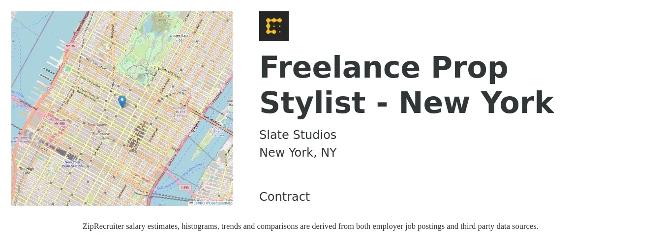 Slate Studios job posting for a Freelance Prop Stylist - New York in New York, NY with a salary of $27 to $70 Hourly with a map of New York location.