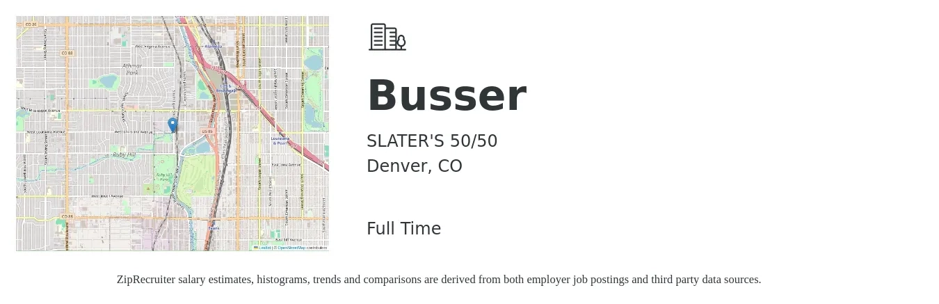 SLATER'S 50/50 job posting for a Busser in Denver, CO with a salary of $11 to $16 Hourly with a map of Denver location.