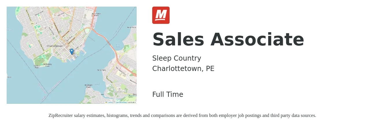 Sleep Country job posting for a Sales Associate in Charlottetown, PE with a salary of $70,000 Yearly with a map of Charlottetown location.