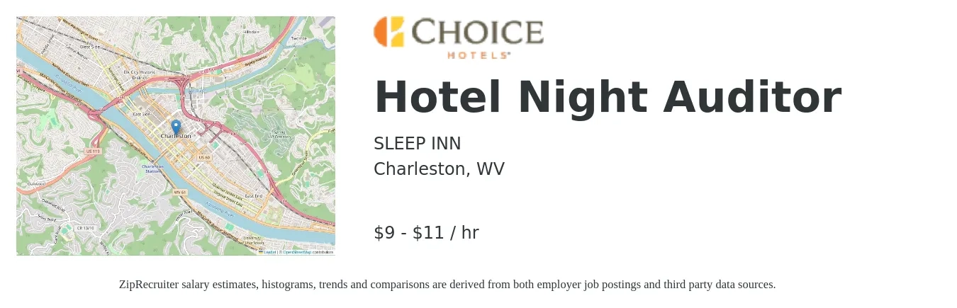 SLEEP INN job posting for a Hotel Night Auditor in Charleston, WV with a salary of $10 to $12 Hourly with a map of Charleston location.