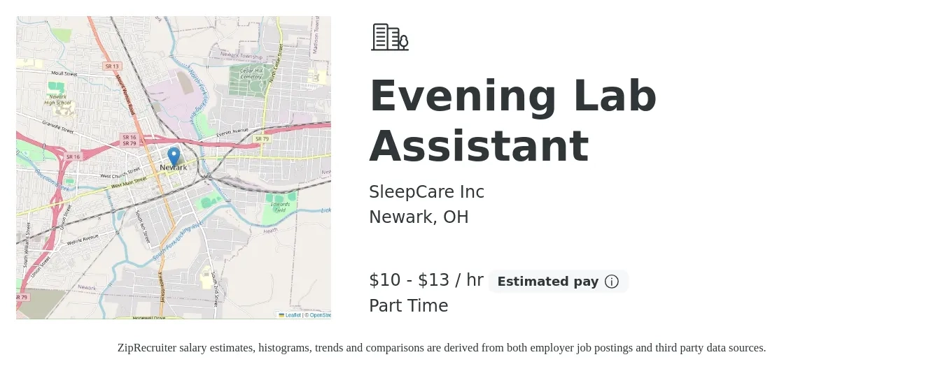 SleepCare Inc job posting for a Evening Lab Assistant in Newark, OH with a salary of $11 to $14 Hourly with a map of Newark location.