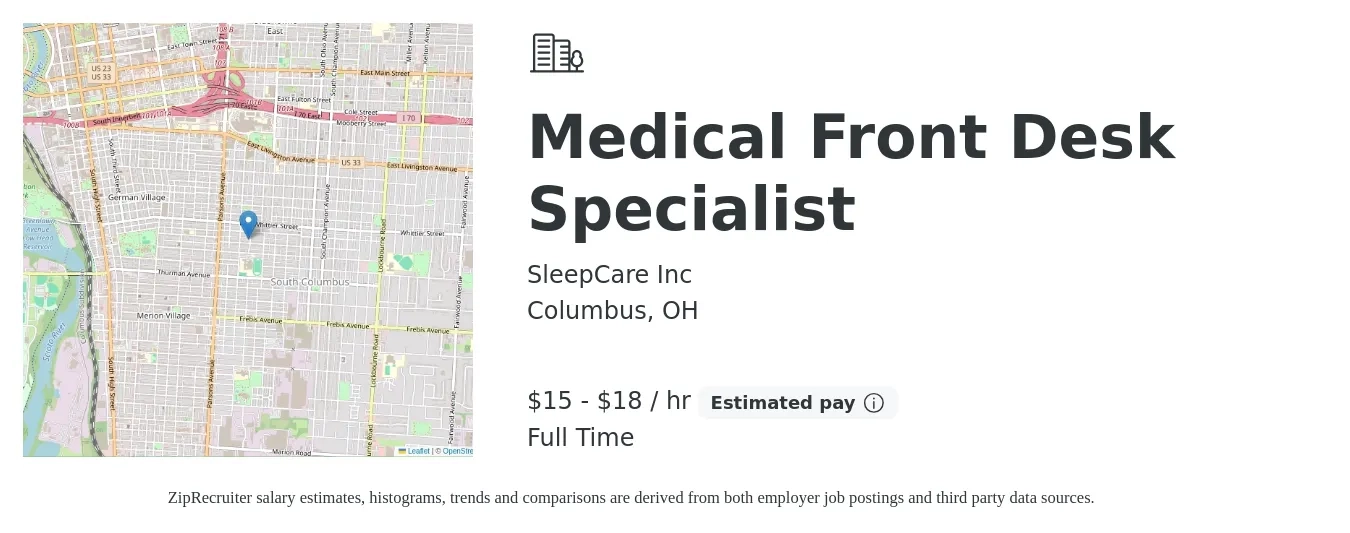 SleepCare Inc job posting for a Medical Front Desk Specialist in Columbus, OH with a salary of $16 to $19 Hourly with a map of Columbus location.