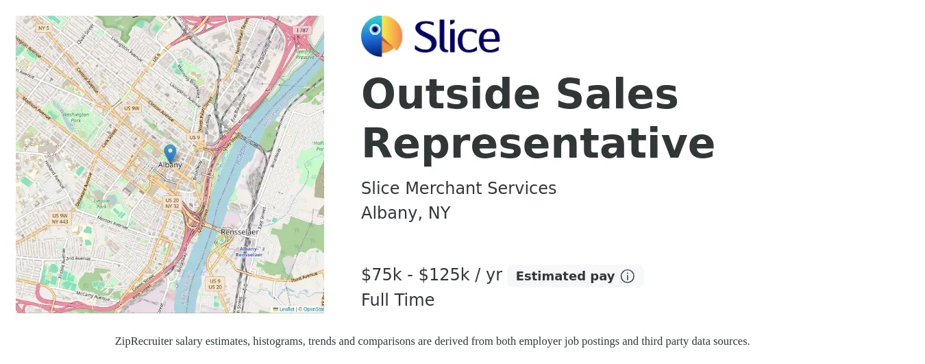 Slice Merchant Services job posting for a Outside Sales Representative in Albany, NY with a salary of $75,000 to $125,000 Yearly with a map of Albany location.