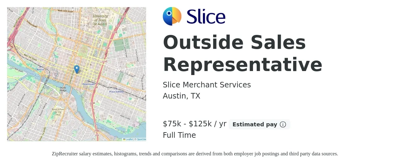 Slice Merchant Services job posting for a Outside Sales Representative in Austin, TX with a salary of $75,000 to $125,000 Yearly with a map of Austin location.