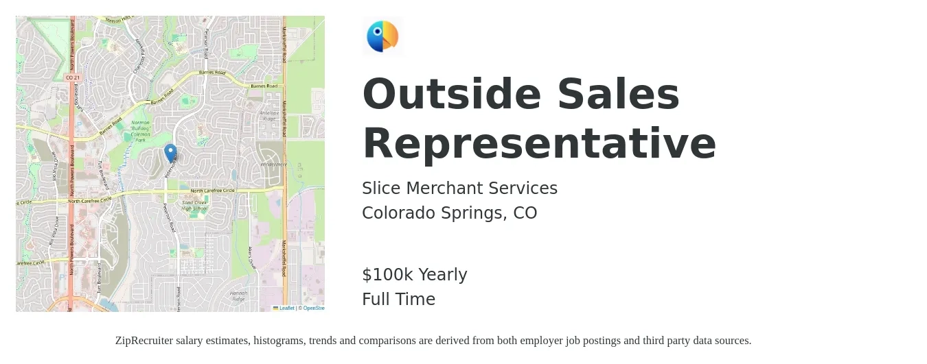 Slice Merchant Services job posting for a Outside Sales Representative in Colorado Springs, CO with a salary of $75,000 to $125,000 Yearly with a map of Colorado Springs location.