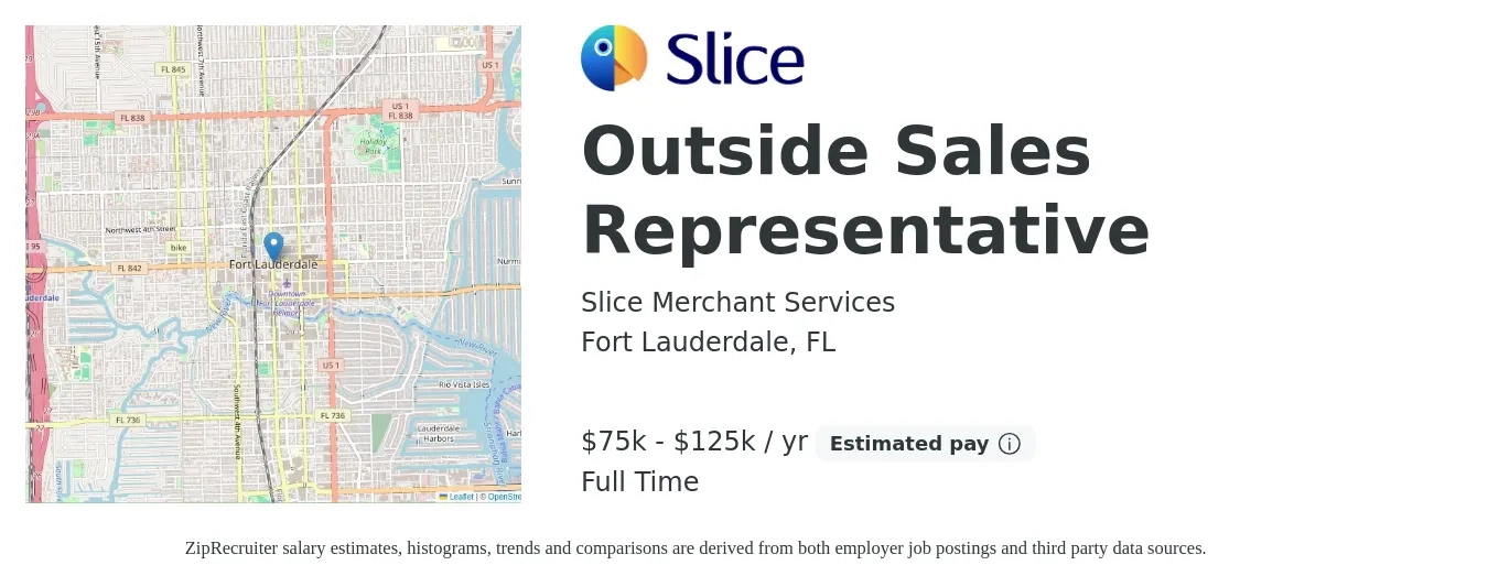 Slice Merchant Services job posting for a Outside Sales Representative in Fort Lauderdale, FL with a salary of $75,000 to $125,000 Yearly with a map of Fort Lauderdale location.
