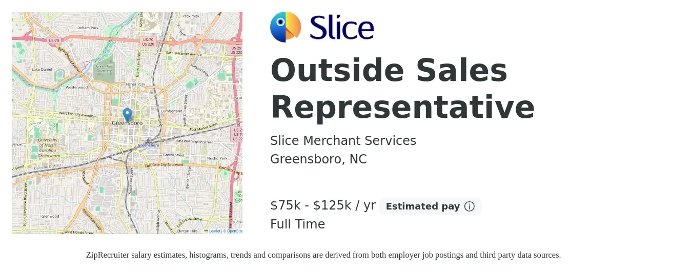 Slice Merchant Services job posting for a Outside Sales Representative in Greensboro, NC with a salary of $75,000 to $125,000 Yearly with a map of Greensboro location.