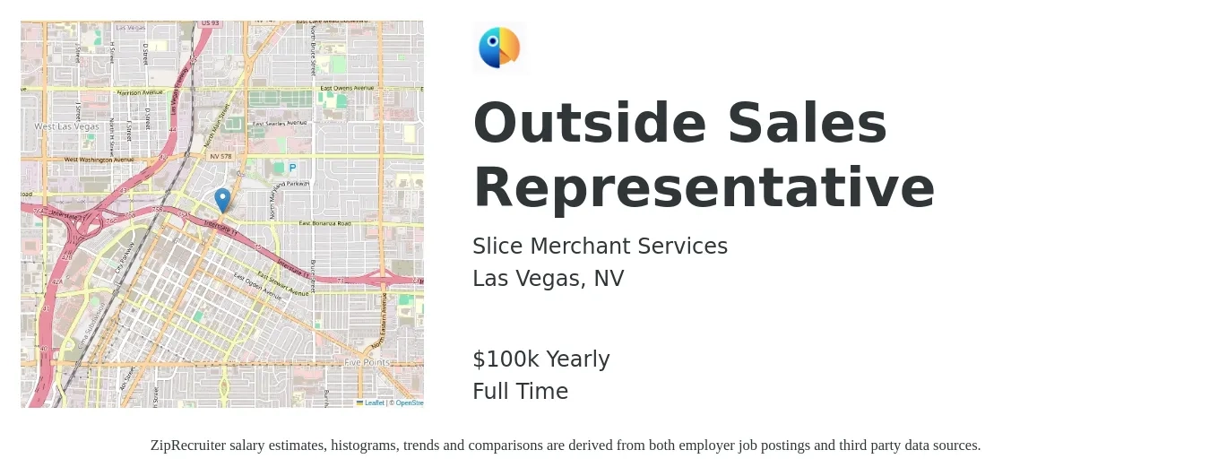 Slice Merchant Services job posting for a Outside Sales Representative in Las Vegas, NV with a salary of $75,000 to $125,000 Yearly with a map of Las Vegas location.