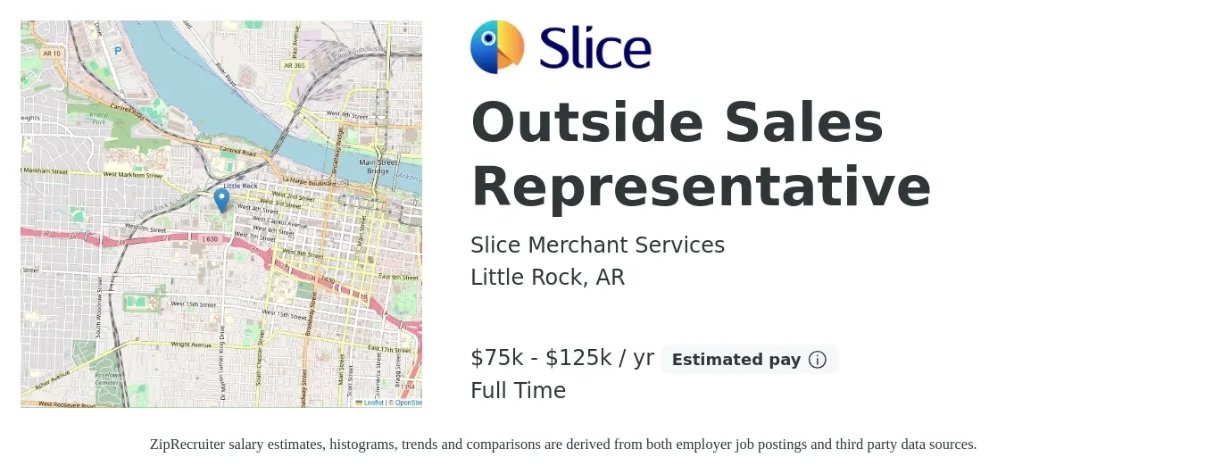 Slice Merchant Services job posting for a Outside Sales Representative in Little Rock, AR with a salary of $75,000 to $125,000 Yearly with a map of Little Rock location.