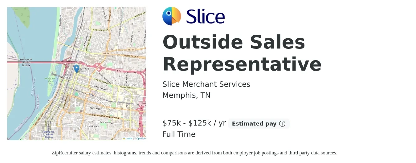 Slice Merchant Services job posting for a Outside Sales Representative in Memphis, TN with a salary of $75,000 to $125,000 Yearly with a map of Memphis location.