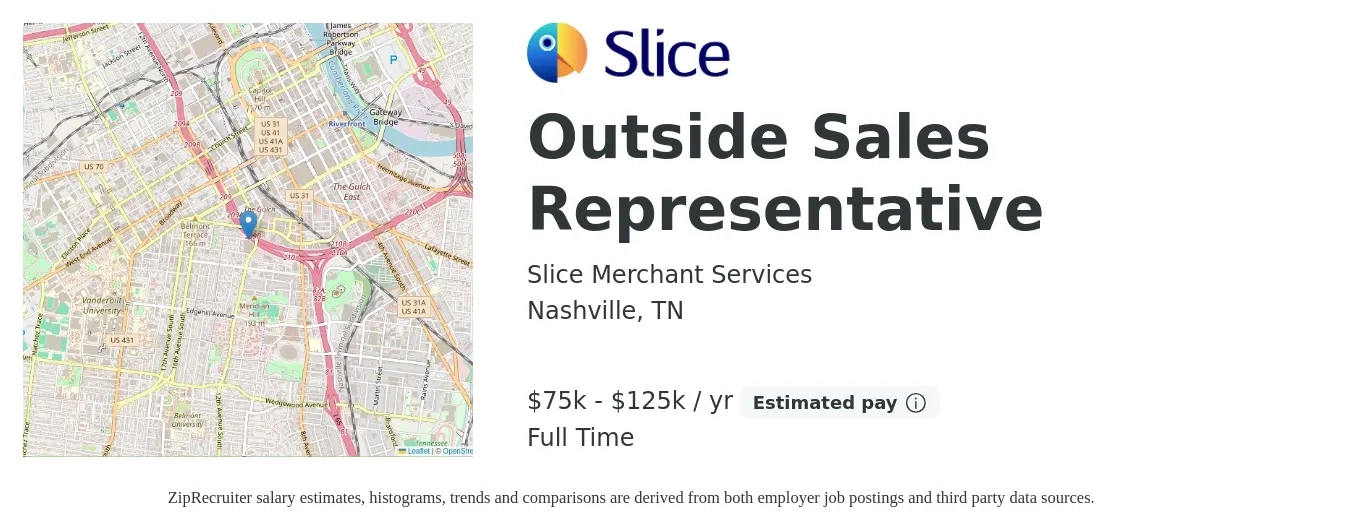 Slice Merchant Services job posting for a Outside Sales Representative in Nashville, TN with a salary of $75,000 to $125,000 Yearly with a map of Nashville location.