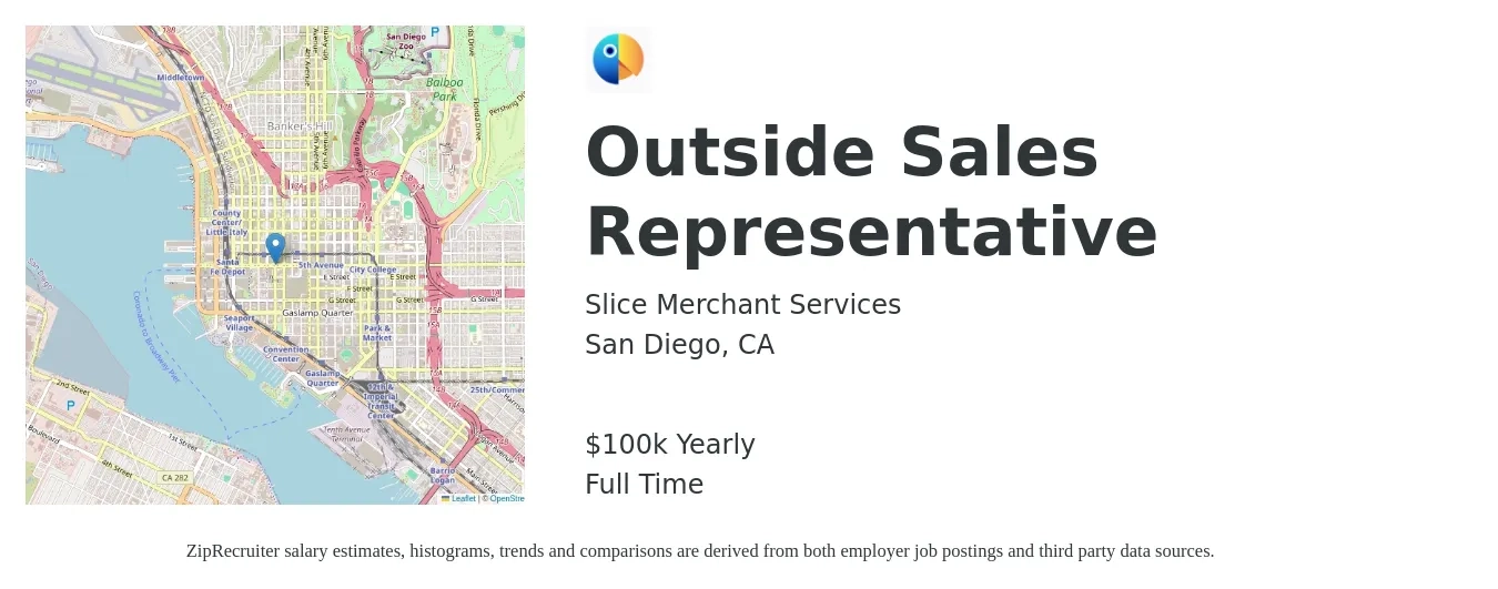 Slice Merchant Services job posting for a Outside Sales Representative in San Diego, CA with a salary of $75,000 to $125,000 Yearly with a map of San Diego location.