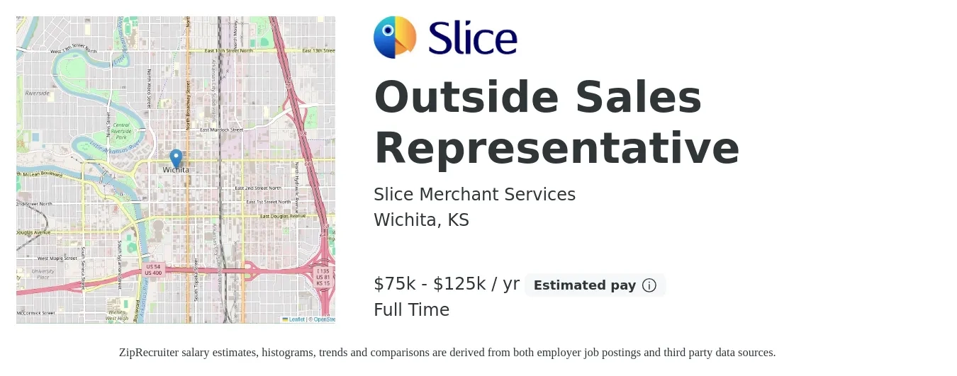 Slice Merchant Services job posting for a Outside Sales Representative in Wichita, KS with a salary of $75,000 to $125,000 Yearly with a map of Wichita location.