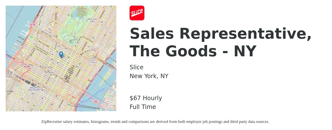 Slice job posting for a Sales Representative, The Goods - NY in New York, NY with a salary of $70 Hourly with a map of New York location.