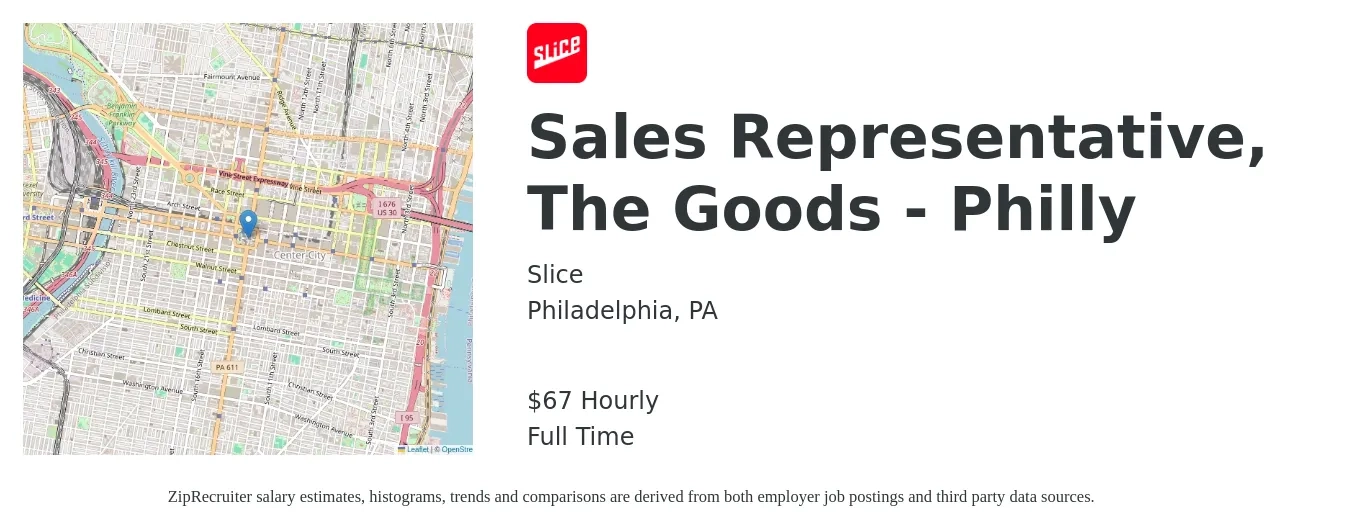 Slice job posting for a Sales Representative, The Goods - Philly in Philadelphia, PA with a salary of $70 Hourly with a map of Philadelphia location.