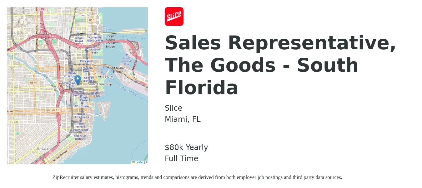 Slice job posting for a Sales Representative, The Goods - South Florida in Miami, FL with a salary of $70 Hourly with a map of Miami location.
