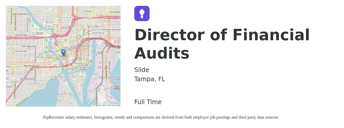 Slide job posting for a Director of Financial Audits in Tampa, FL with a salary of $106,800 to $162,100 Yearly with a map of Tampa location.