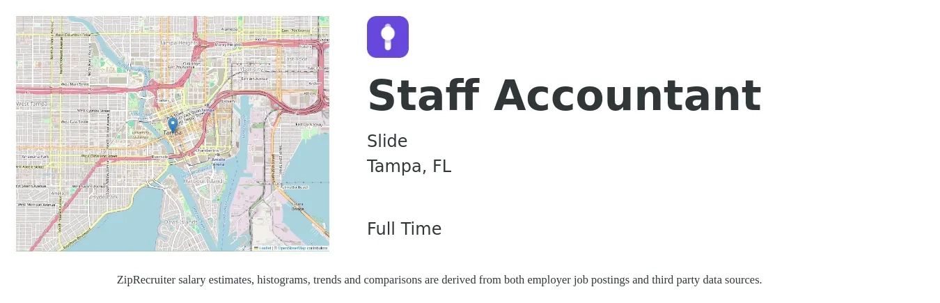 Slide job posting for a Staff Accountant in Tampa, FL with a salary of $52,000 to $68,500 Yearly with a map of Tampa location.