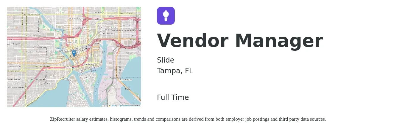 Slide job posting for a Vendor Manager in Tampa, FL with a salary of $77,000 to $107,300 Yearly with a map of Tampa location.