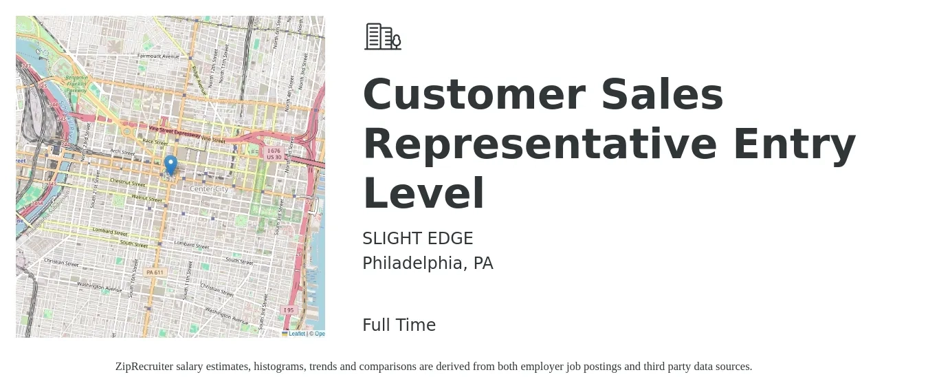 SLIGHT EDGE job posting for a Customer Sales Representative Entry Level in Philadelphia, PA with a salary of $17 to $26 Hourly with a map of Philadelphia location.