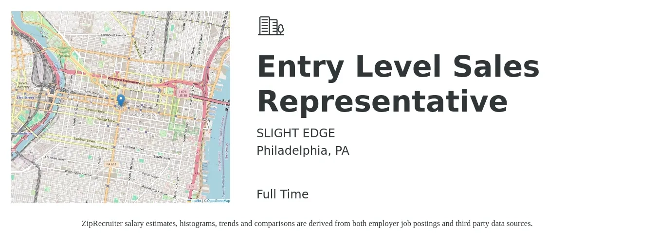 SLIGHT EDGE job posting for a Entry Level Sales Representative in Philadelphia, PA with a salary of $44,900 to $72,200 Yearly with a map of Philadelphia location.