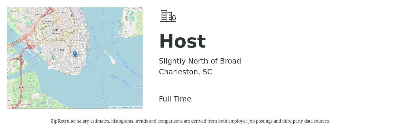 Slightly North of Broad job posting for a Host in Charleston, SC with a salary of $11 to $16 Hourly with a map of Charleston location.