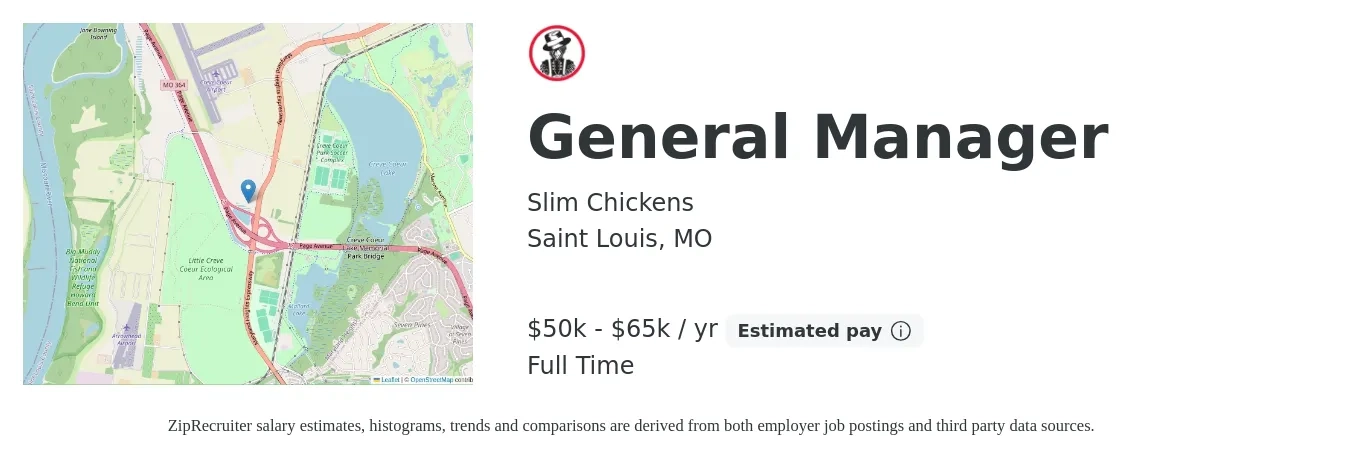 Slim Chickens job posting for a General Manager in Saint Louis, MO with a salary of $50,000 to $65,000 Yearly with a map of Saint Louis location.