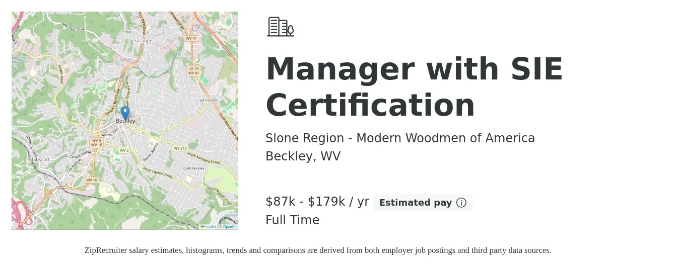 Slone Region - Modern Woodmen of America job posting for a Manager with SIE Certification in Beckley, WV with a salary of $87,000 to $179,000 Yearly with a map of Beckley location.