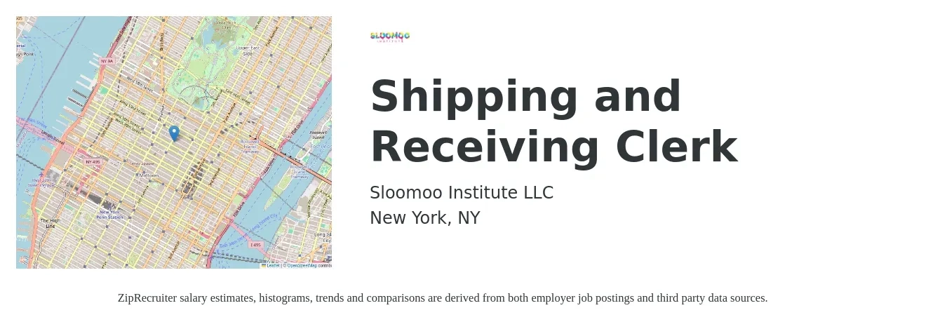 Sloomoo Institute LLC job posting for a Shipping and Receiving Clerk in New York, NY with a salary of $18 Hourly with a map of New York location.
