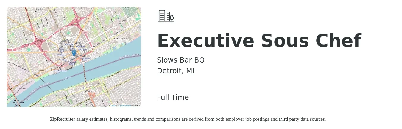 Slows Bar BQ job posting for a Executive Sous Chef in Detroit, MI with a salary of $64,300 to $82,200 Yearly with a map of Detroit location.