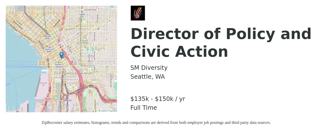 SM Diversity job posting for a Director of Policy and Civic Action in Seattle, WA with a salary of $135,000 to $150,000 Yearly with a map of Seattle location.