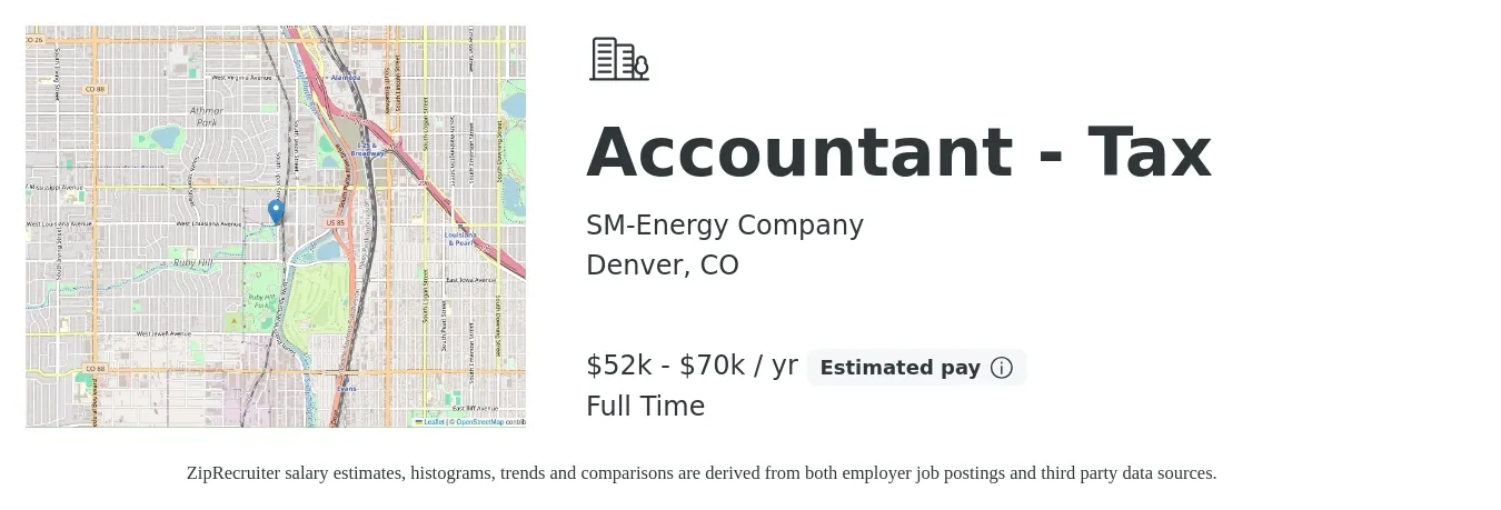 SM-Energy Company job posting for a Accountant - Tax in Denver, CO with a salary of $52,000 to $70,000 Yearly with a map of Denver location.