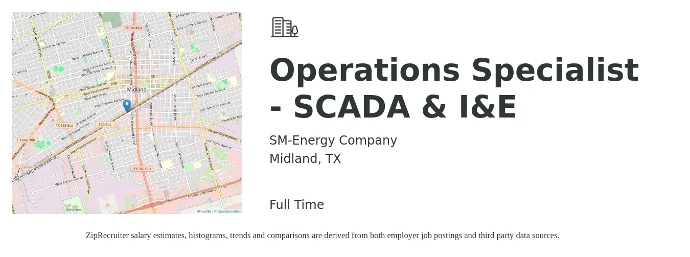 SM-Energy Company job posting for a Operations Specialist - SCADA & I&E in Midland, TX with a salary of $47,100 to $80,000 Yearly with a map of Midland location.