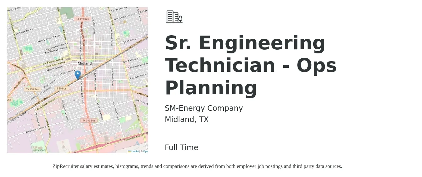 SM-Energy Company job posting for a Sr. Engineering Technician - Ops Planning in Midland, TX with a salary of $27 to $39 Hourly with a map of Midland location.