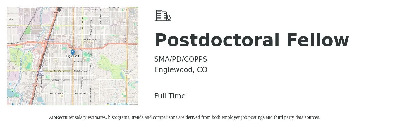SMA/PD/COPPS job posting for a Postdoctoral Fellow in Englewood, CO with a salary of $48,400 to $65,700 Yearly with a map of Englewood location.