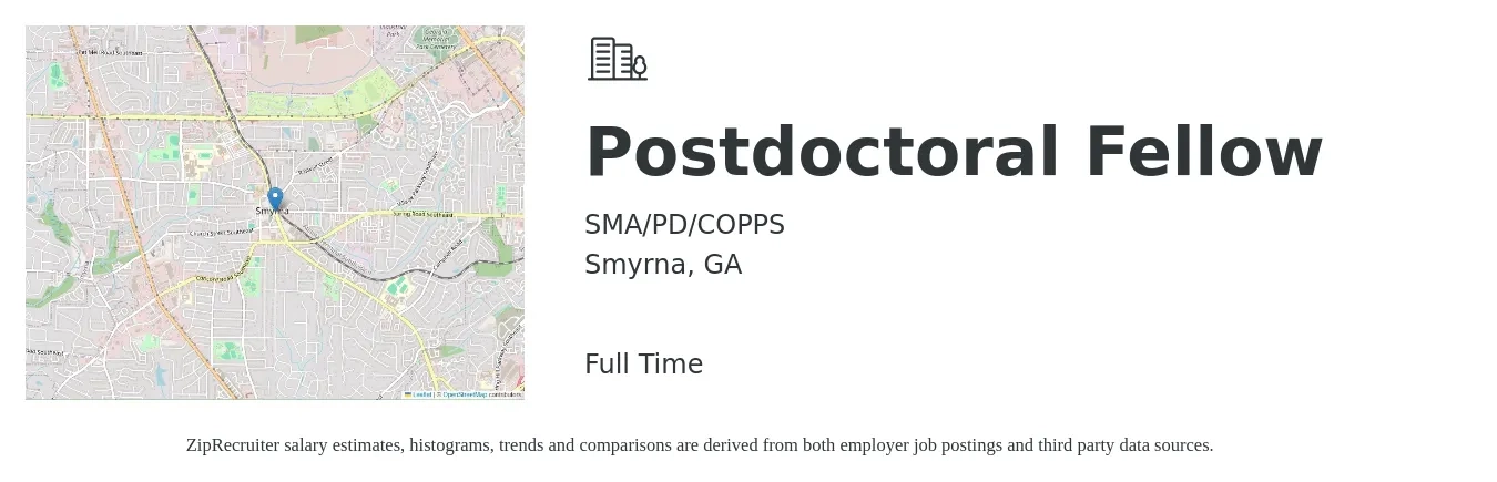 SMA/PD/COPPS job posting for a Postdoctoral Fellow in Smyrna, GA with a salary of $47,700 to $64,700 Yearly with a map of Smyrna location.