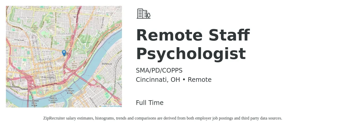 SMA/PD/COPPS job posting for a Remote Staff Psychologist in Cincinnati, OH with a salary of $90,000 to $105,000 Yearly with a map of Cincinnati location.
