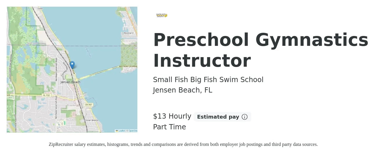 Small Fish Big Fish Swim School job posting for a Preschool Gymnastics Instructor in Jensen Beach, FL with a salary of $14 Hourly with a map of Jensen Beach location.