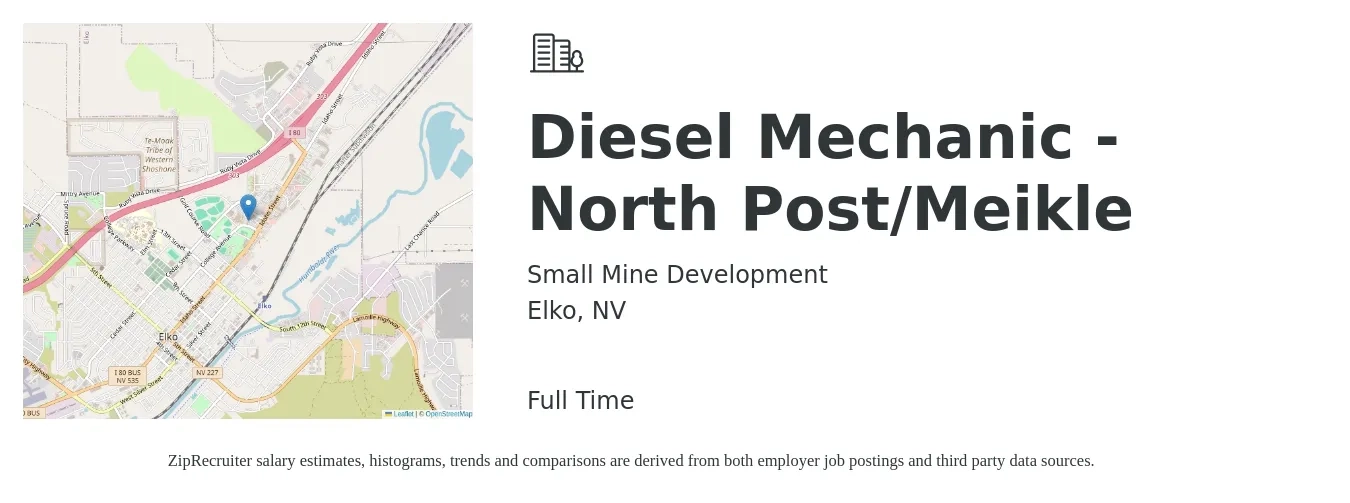 Small Mine Development job posting for a Diesel Mechanic - North Post/Meikle in Elko, NV with a salary of $24 to $32 Hourly with a map of Elko location.