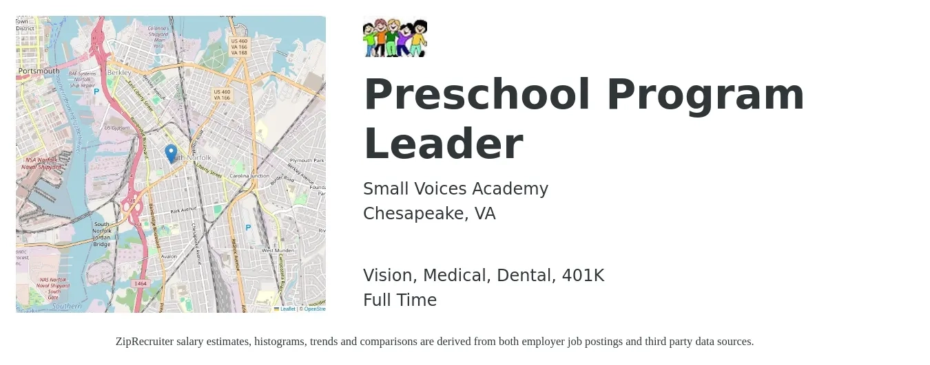 Small Voices Academy job posting for a Preschool Program Leader in Chesapeake, VA with a salary of $16 to $46 Hourly and benefits including 401k, dental, life_insurance, medical, and vision with a map of Chesapeake location.