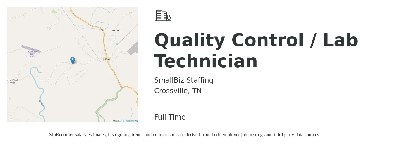 SmallBiz Staffing job posting for a Quality Control / Lab Technician in Crossville, TN with a salary of $18 to $22 Hourly with a map of Crossville location.