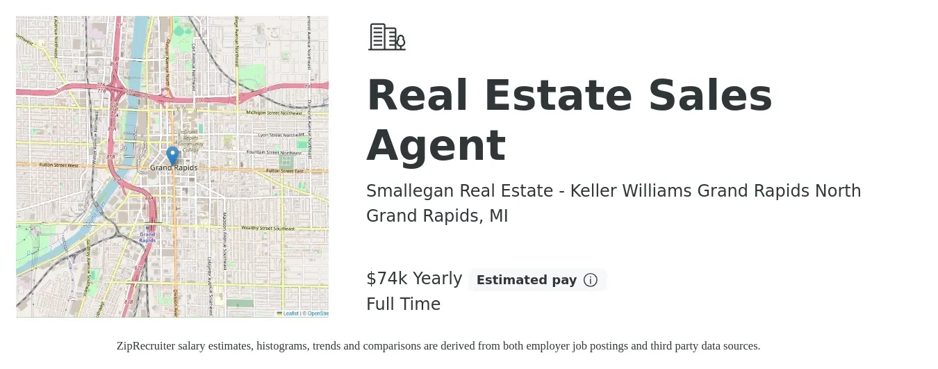 Smallegan Real Estate - Keller Williams Grand Rapids North job posting for a Real Estate Sales Agent in Grand Rapids, MI with a salary of $74,000 Yearly with a map of Grand Rapids location.
