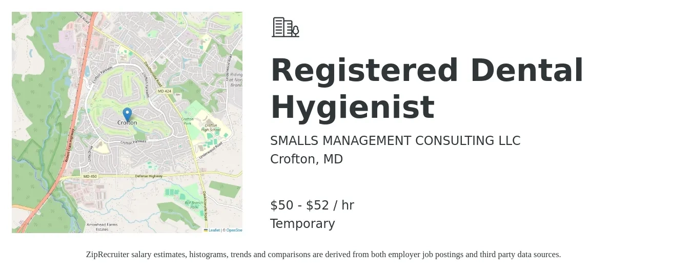 SMALLS MANAGEMENT CONSULTING LLC job posting for a Registered Dental Hygienist in Crofton, MD with a salary of $53 to $55 Hourly with a map of Crofton location.