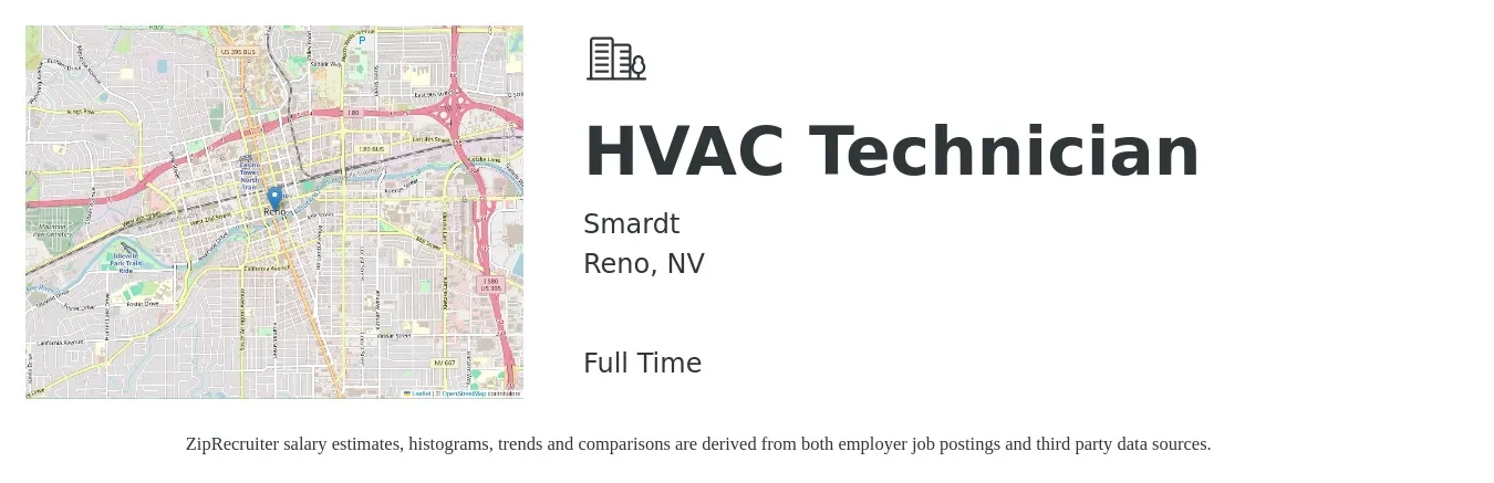 Smardt job posting for a HVAC Technician in Reno, NV with a salary of $23 to $33 Hourly with a map of Reno location.