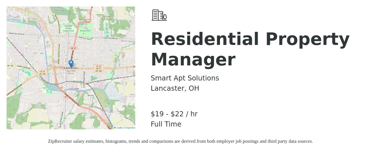 Smart Apt Solutions job posting for a Residential Property Manager in Lancaster, OH with a salary of $20 to $23 Hourly with a map of Lancaster location.