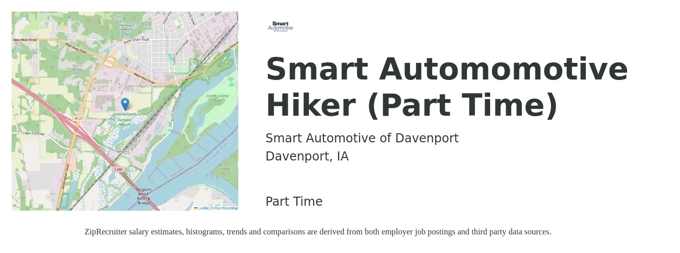 Smart Automotive of Davenport job posting for a Smart Automomotive Hiker (Part Time) in Davenport, IA with a salary of $16 to $20 Hourly with a map of Davenport location.