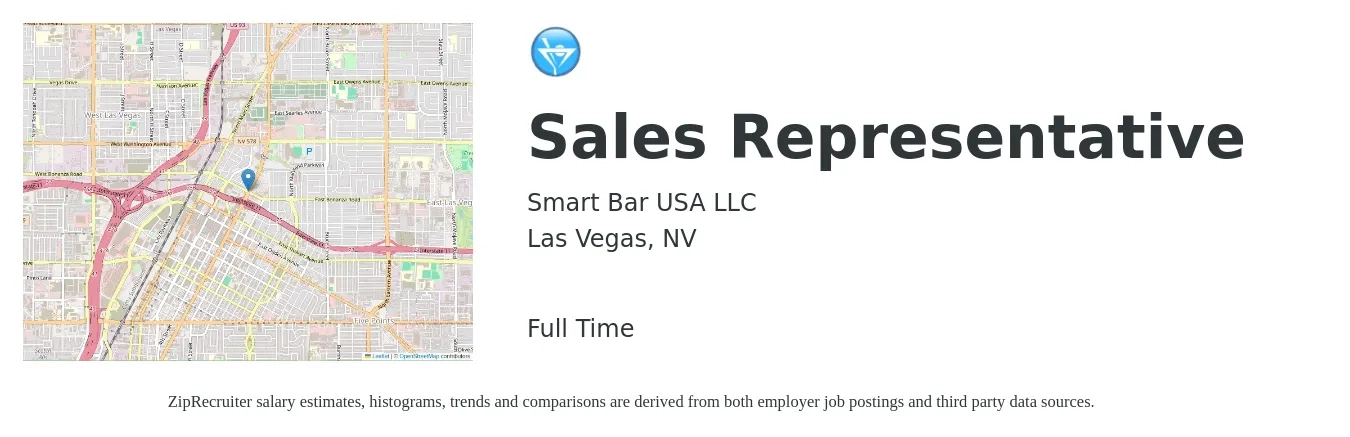 Smart Bar USA LLC job posting for a Sales Representative in Las Vegas, NV with a salary of $50,300 to $87,500 Yearly with a map of Las Vegas location.