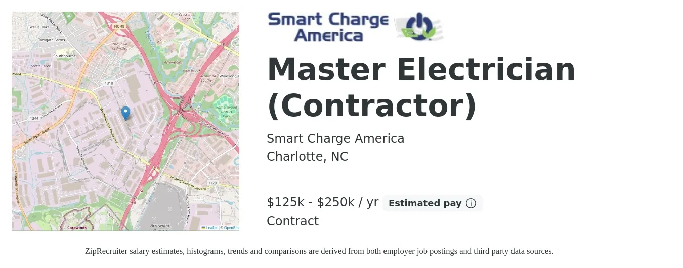 Smart Charge America job posting for a Master Electrician (Contractor) in Charlotte, NC with a salary of $125,000 to $250,000 Yearly with a map of Charlotte location.