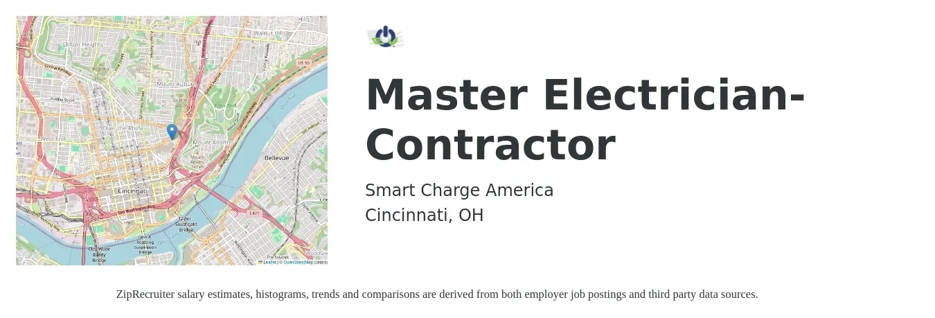Smart Charge America job posting for a Master Electrician- Contractor in Cincinnati, OH with a salary of $28 to $43 Hourly with a map of Cincinnati location.