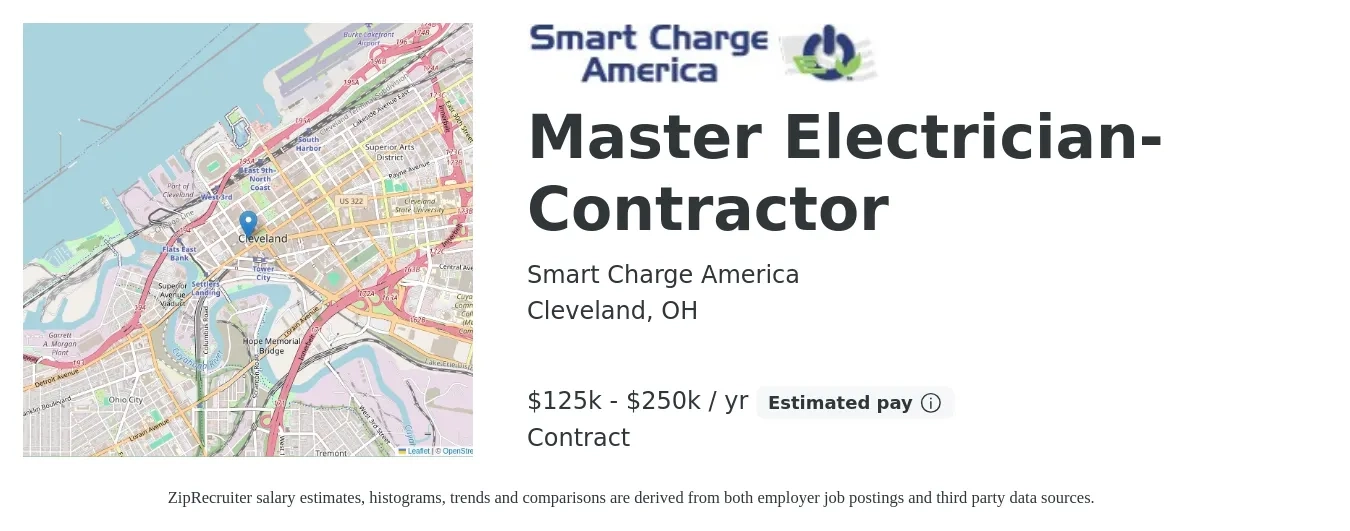 Smart Charge America job posting for a Master Electrician- Contractor in Cleveland, OH with a salary of $125,000 to $250,000 Yearly with a map of Cleveland location.